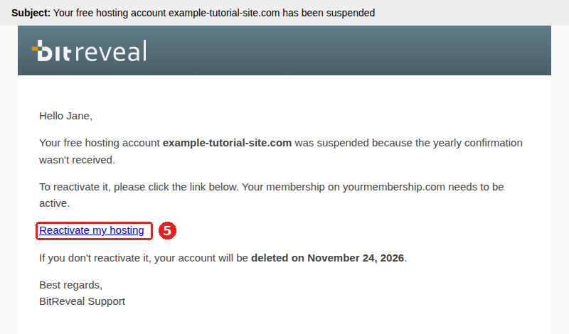Reactivate my hosting link in the email