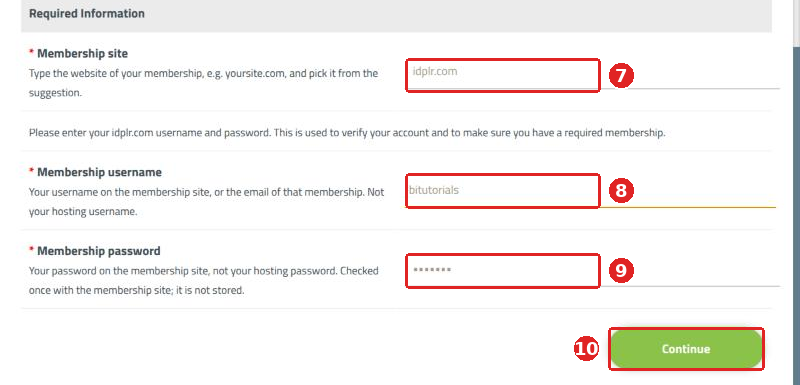 Membership site, username, password and Continue