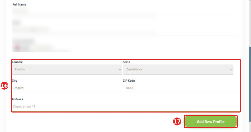 Billing address and Add New Profile